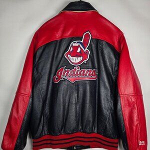 VTG Cleveland Indians Mens Large Oversized Leather Bomber Jacket MLB Chief Wahoo